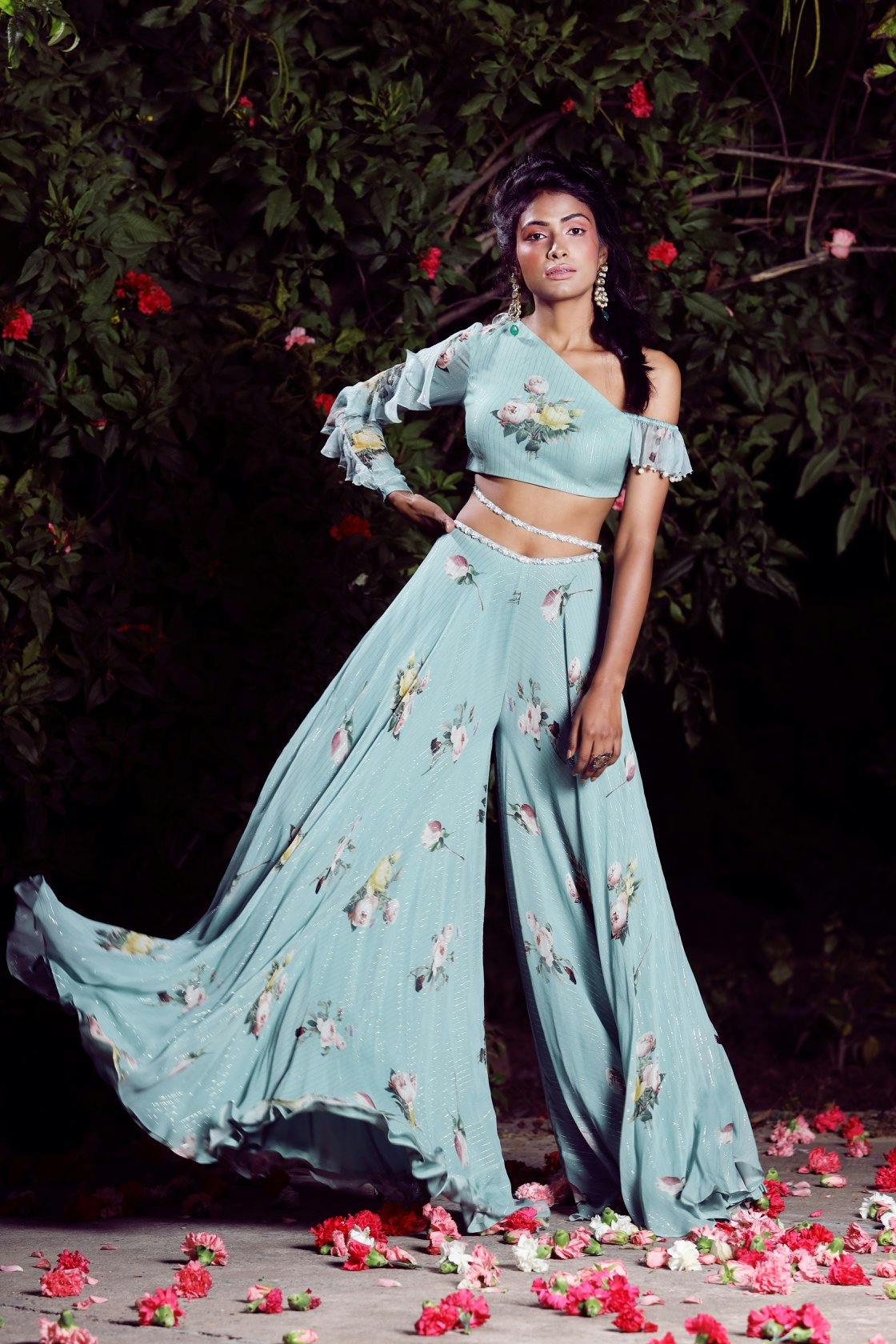 Aquamarine one off-shoulder plazoo set, a product by Mahima Mahajan