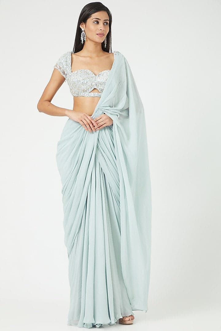 Powder Blue Georgette Draped Saree Set, a product by JadebyAshima