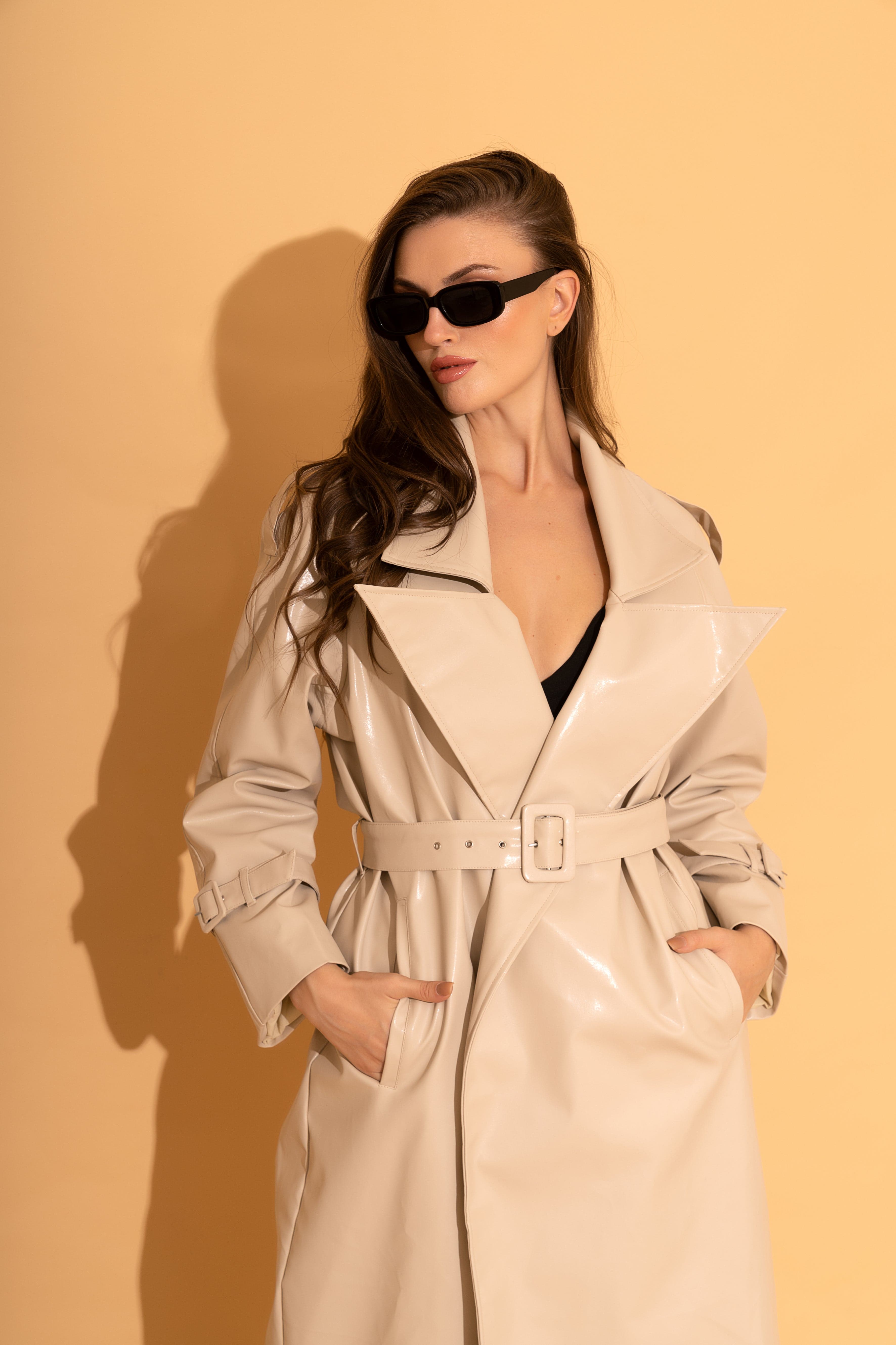 Thumbnail preview #2 for Cream Faux Leather Trench