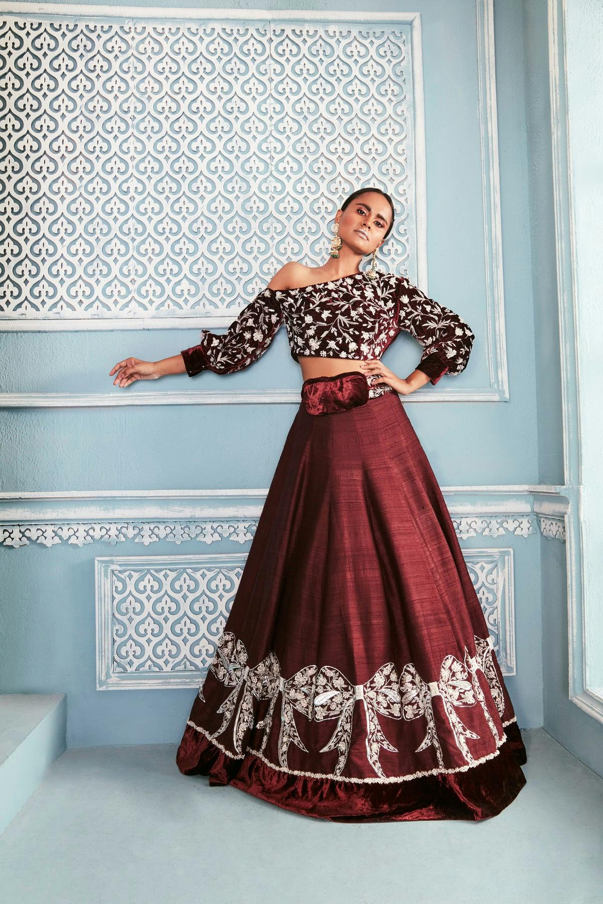 Sweatshirt blouse with bow lehenga set, a product by Mahima Mahajan