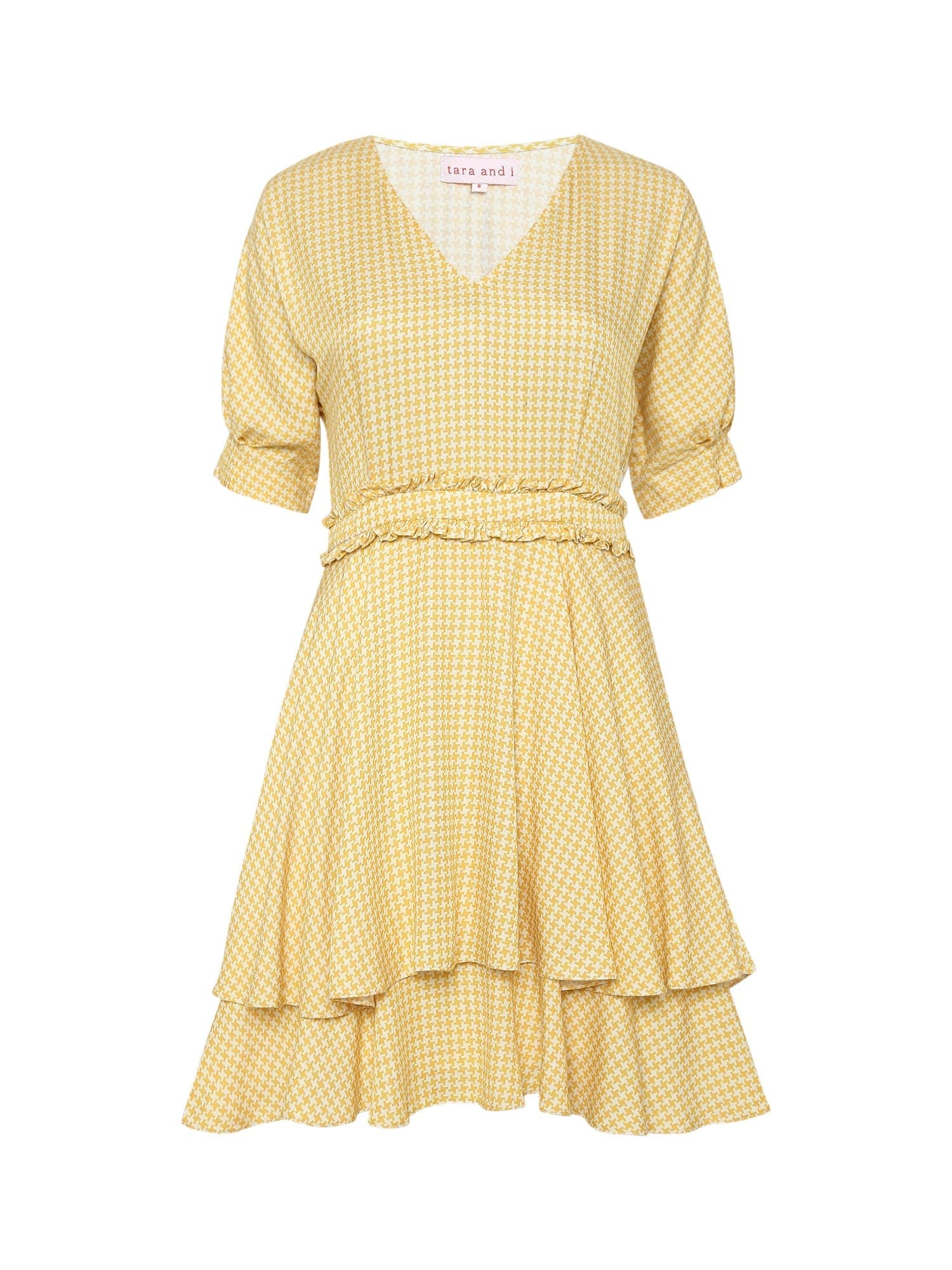 Thumbnail preview #3 for sun-kissed yellow houndstooth printed tiered mini dress