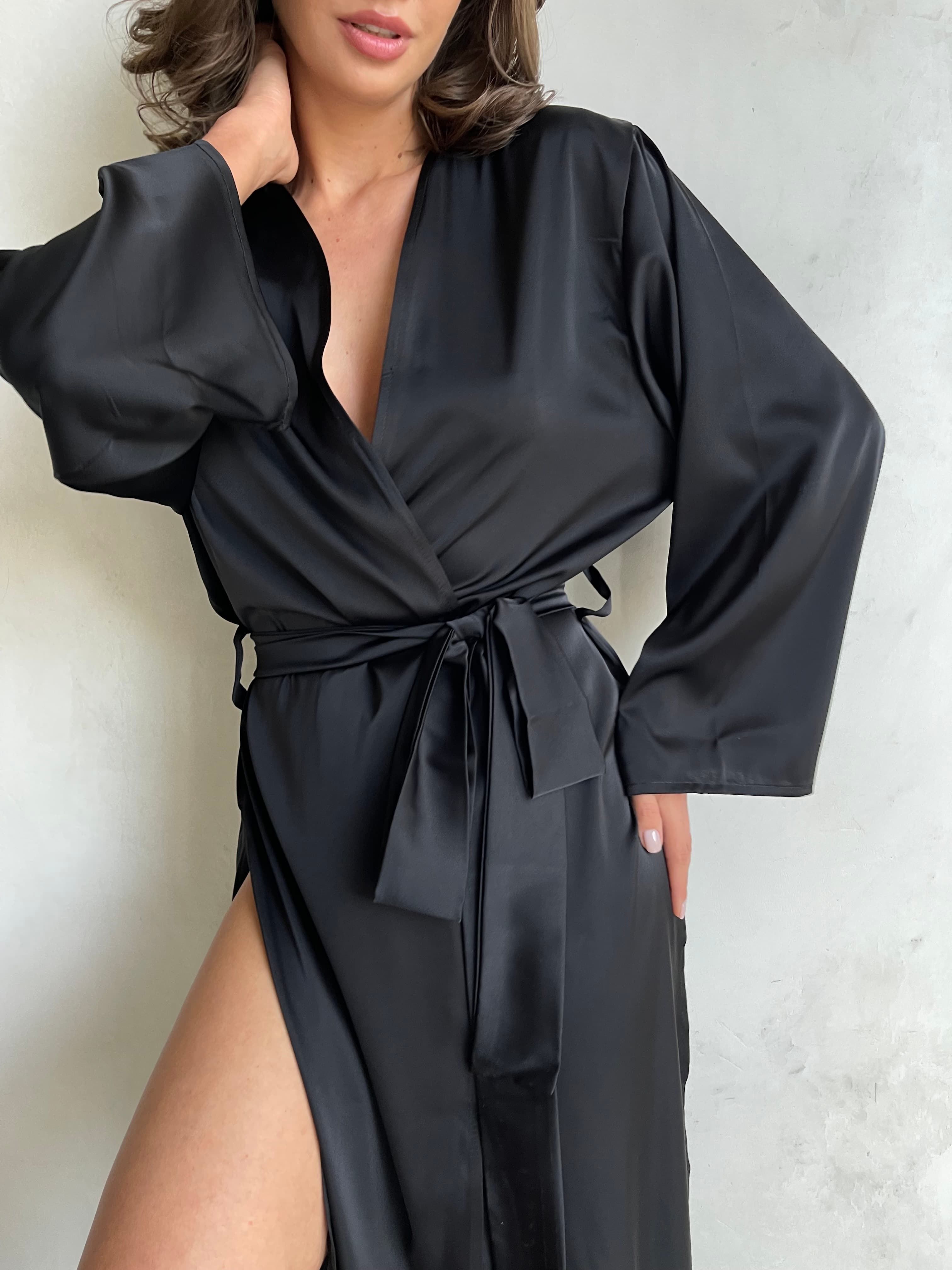 Thumbnail preview #0 for Long Silk Robe with Side Cuts