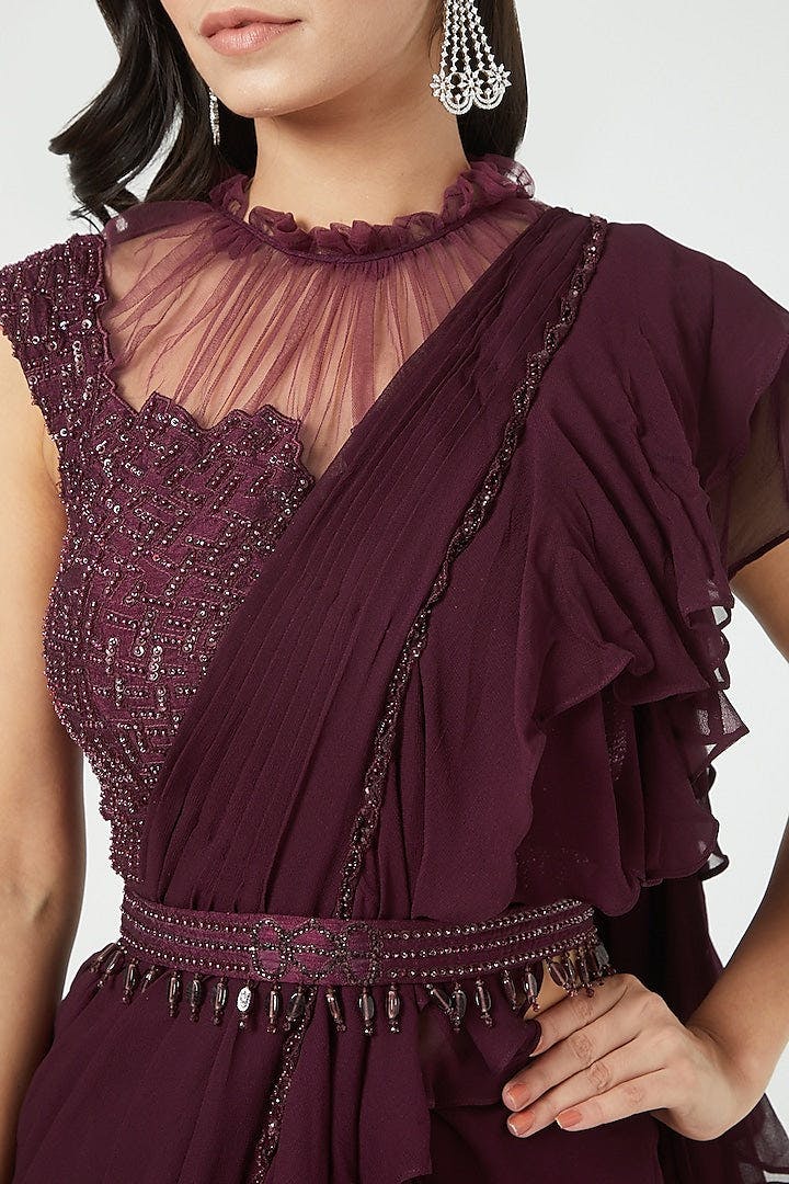 Thumbnail preview #3 for Purple Ruffled Draped Saree Set