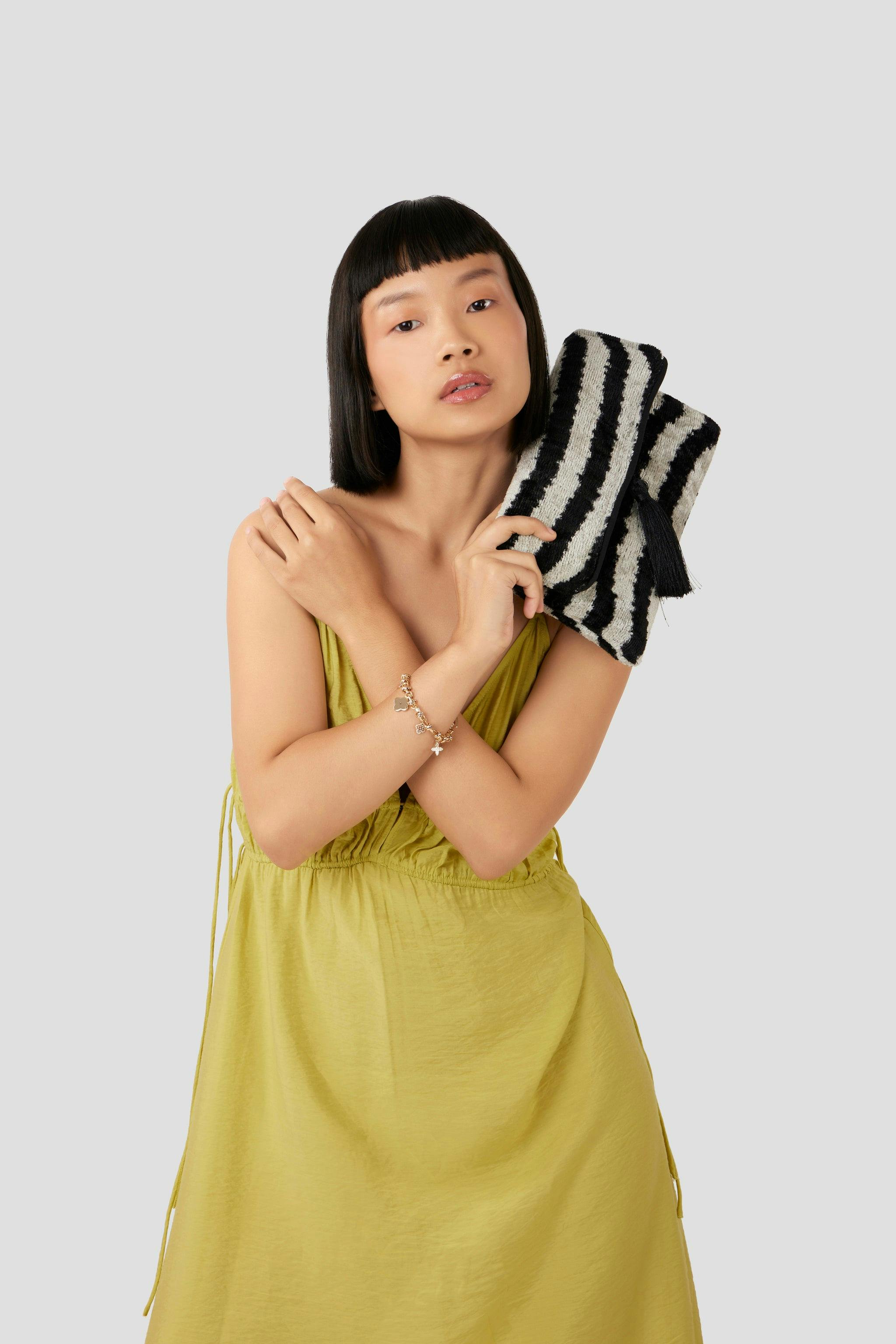 Black & White Velvet Silk Fold Over Clutch, a product by JENA