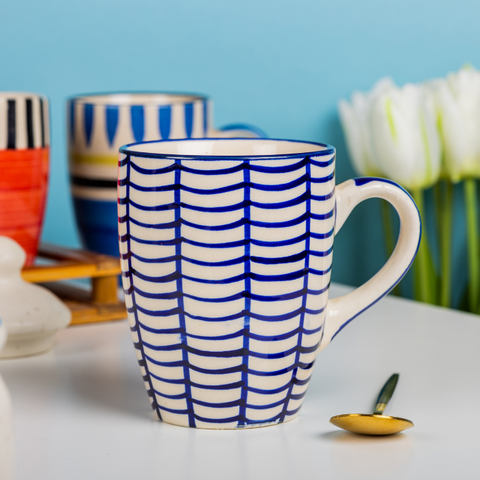 Thumbnail preview #3 for Blue Stripes Hand-Painted on White Color Ceramic Coffee Mug