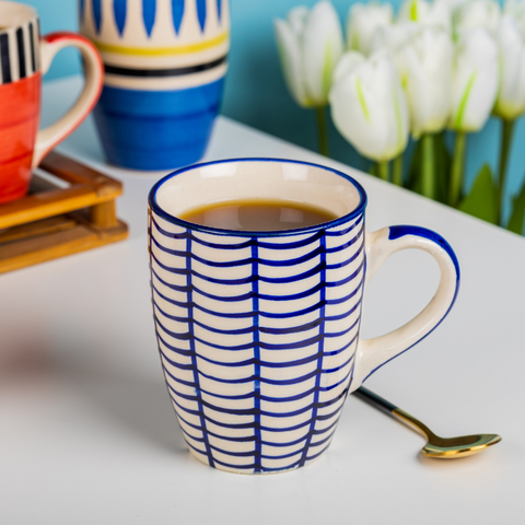 Thumbnail preview #4 for Blue Stripes Hand-Painted on White Color Ceramic Coffee Mug