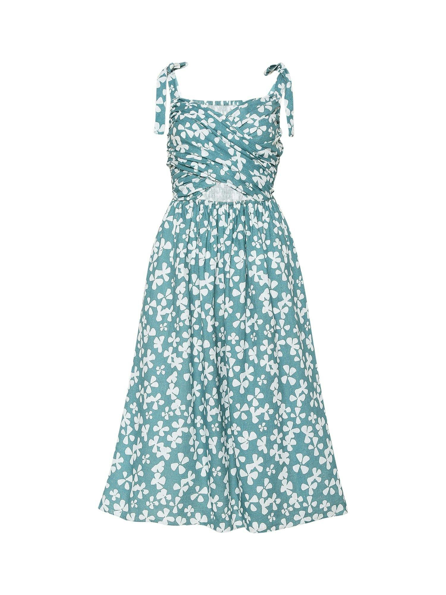 Thumbnail preview #3 for green blooms printed cutout midi dress