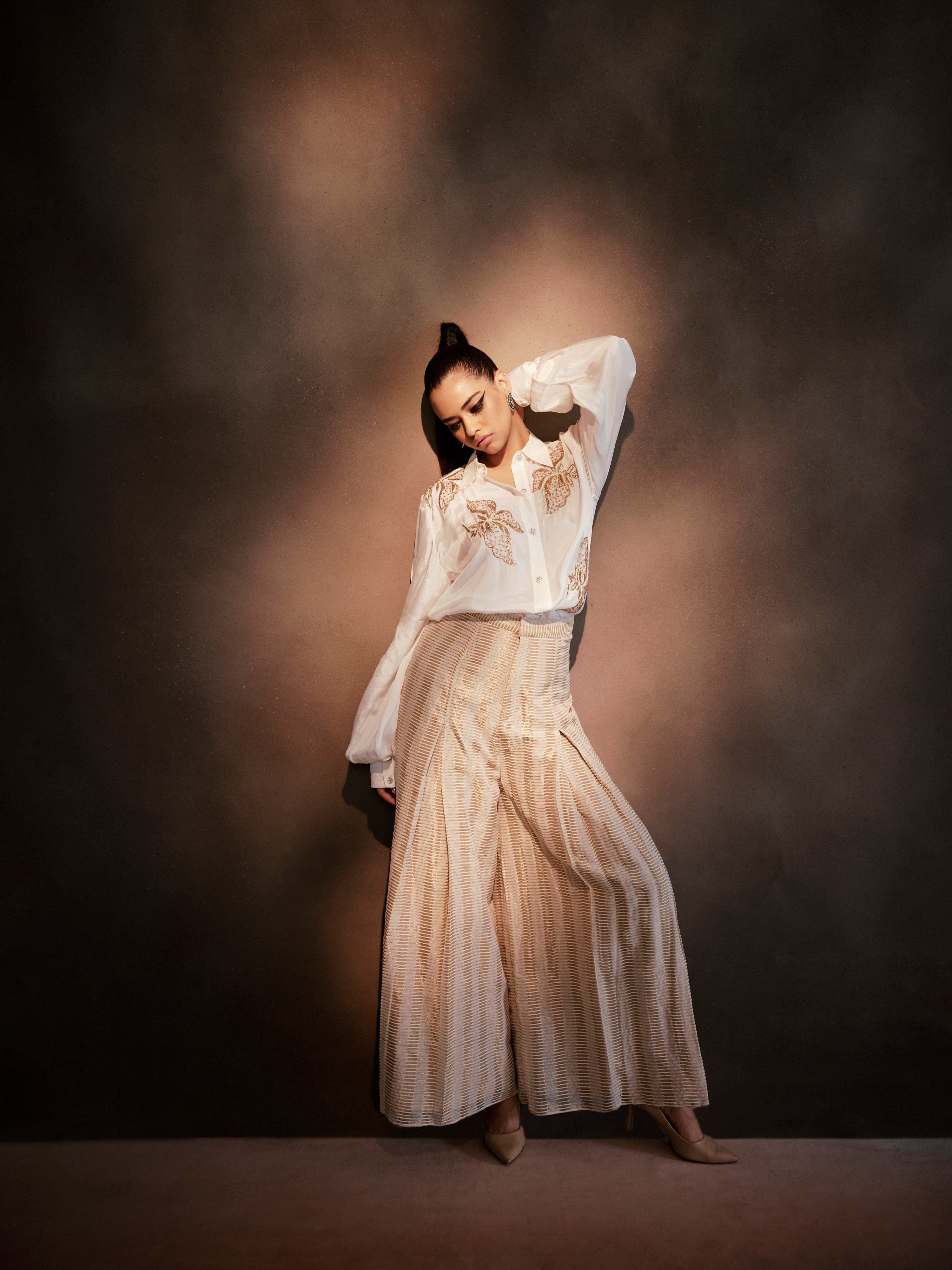 Thumbnail preview #1 for White silk shirt paired with Banarasi weave Pants
