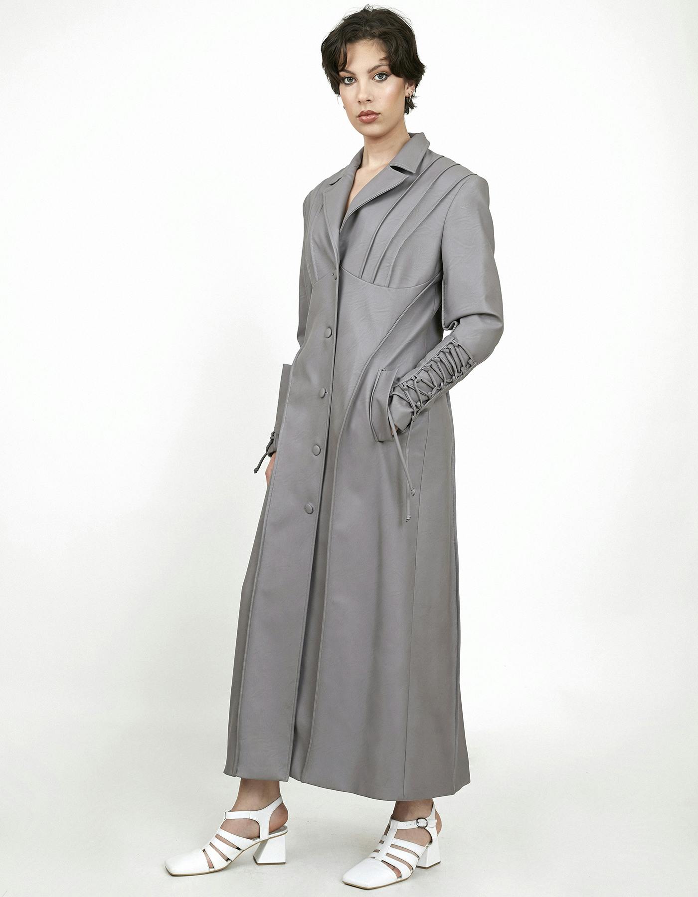 Thumbnail preview #0 for GRAY FAUX LEATHER TRENCH COAT