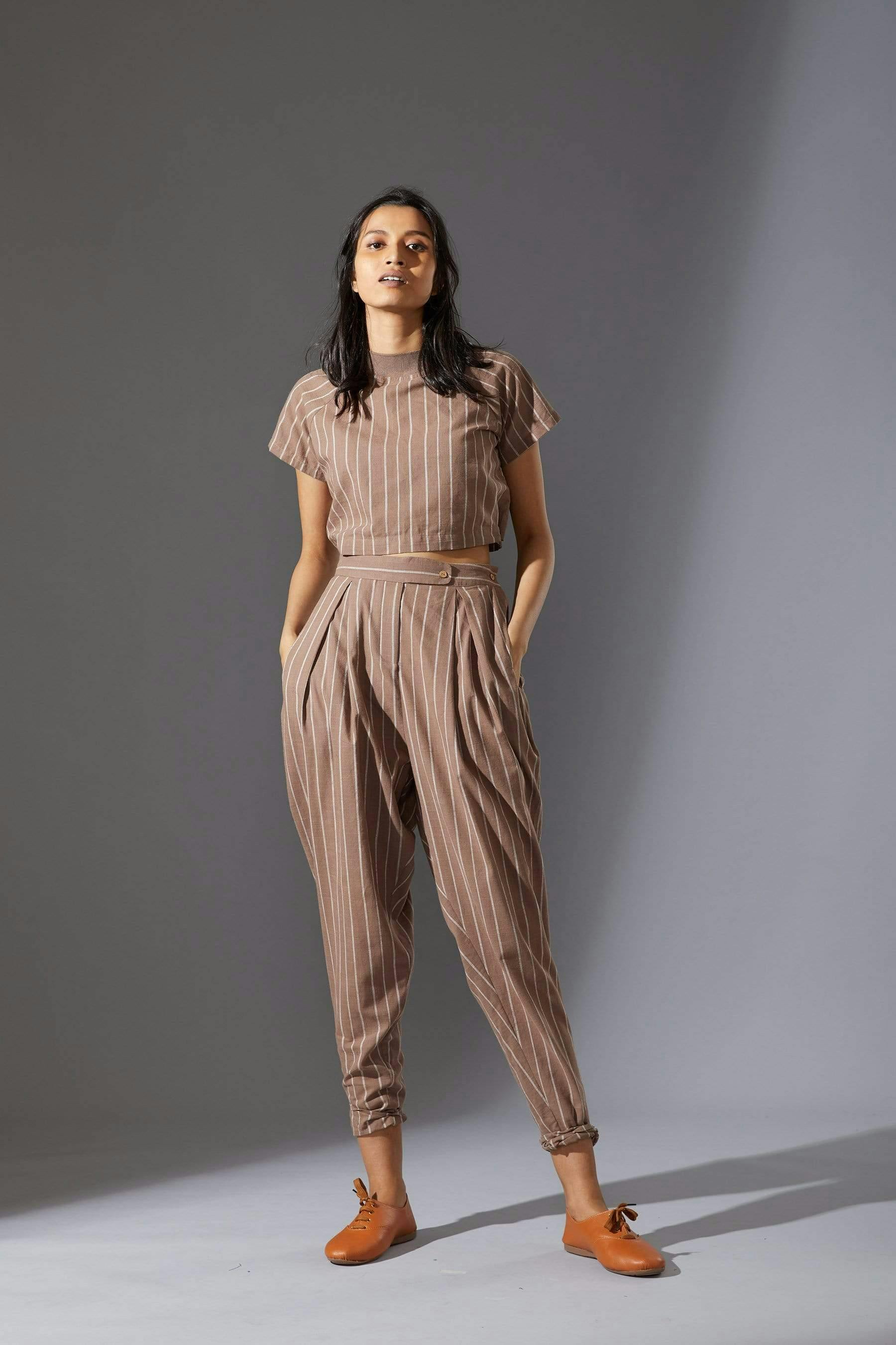 Mati Ribbed Stoka Beige Striped Set with Pants, a product by Style Mati