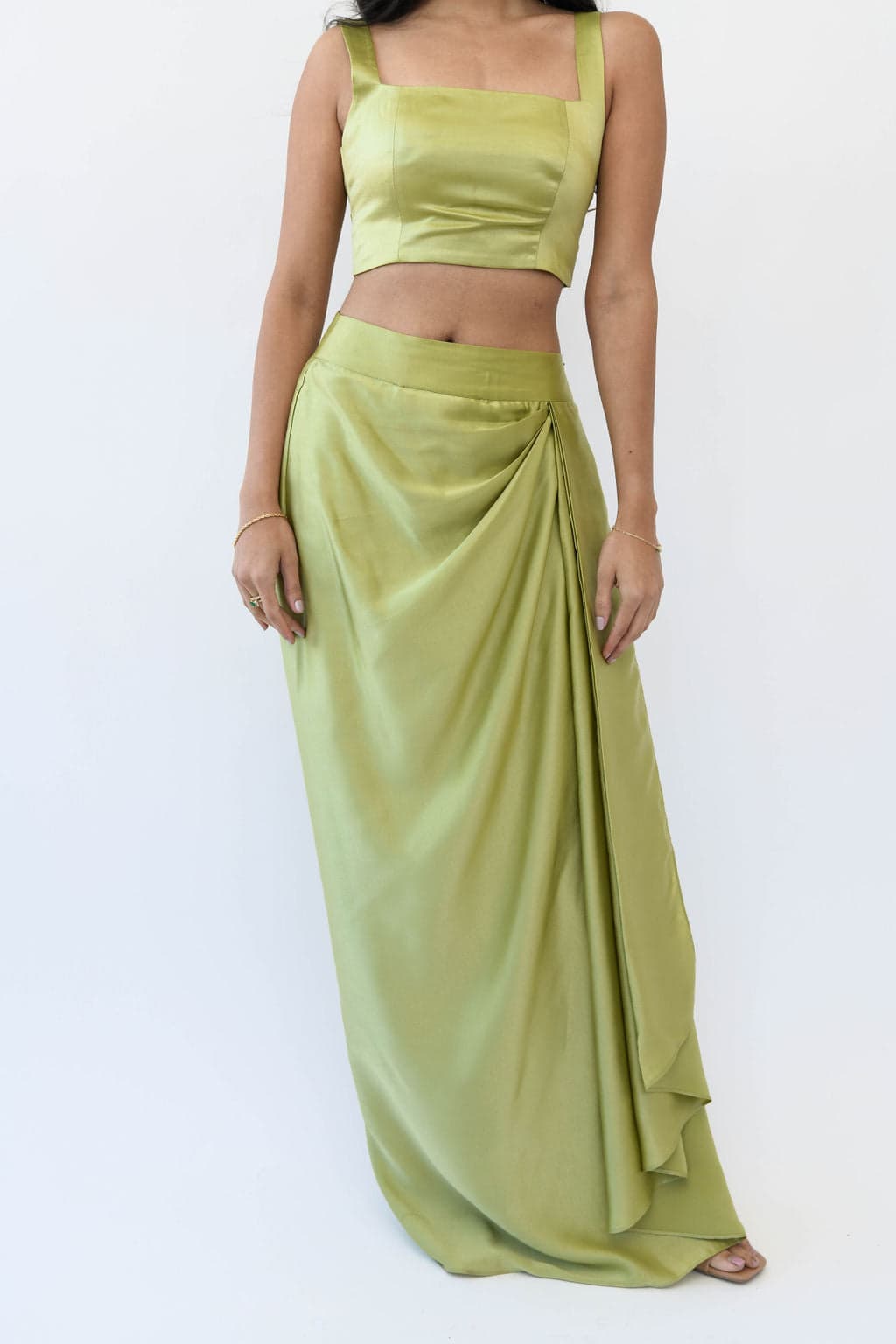 Thumbnail preview #1 for Pista Green Satin Drape Skirt & Blouse Set