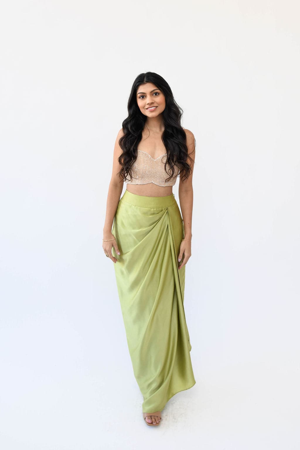 Thumbnail preview #4 for Pista Green Satin Drape Skirt