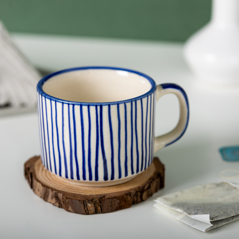 Thumbnail preview #4 for Blue Lines White Color Ceramic Tea Cup with Design