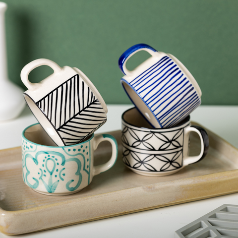 Thumbnail preview #5 for Blue Lines White Color Ceramic Tea Cup with Design