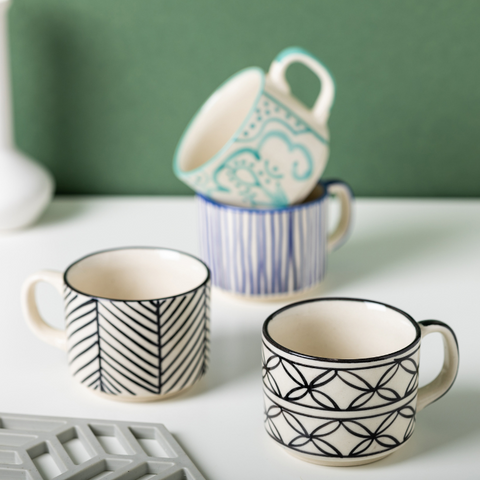 Thumbnail preview #0 for Blue Lines White Color Ceramic Tea Cup with Design