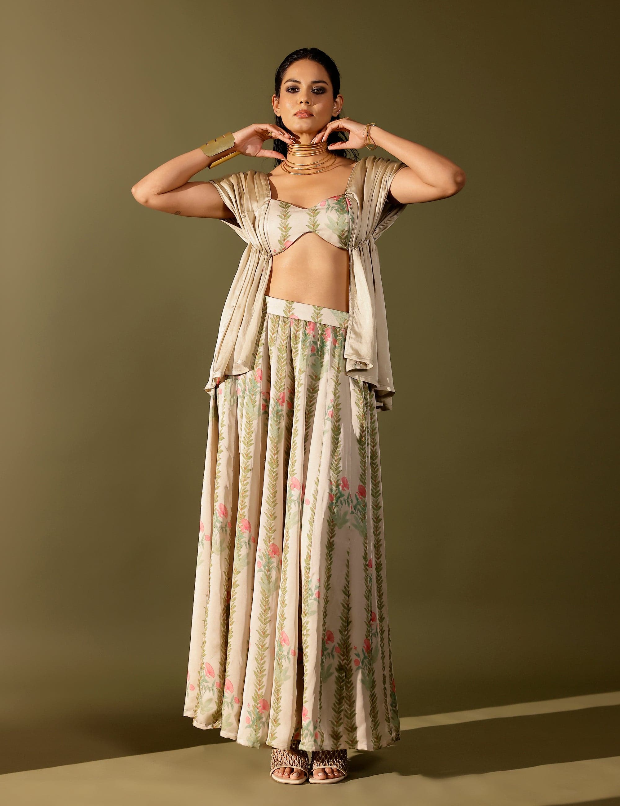 Bel Draped blouse paired with Kalidar skirt, a product by Studio Surbhi