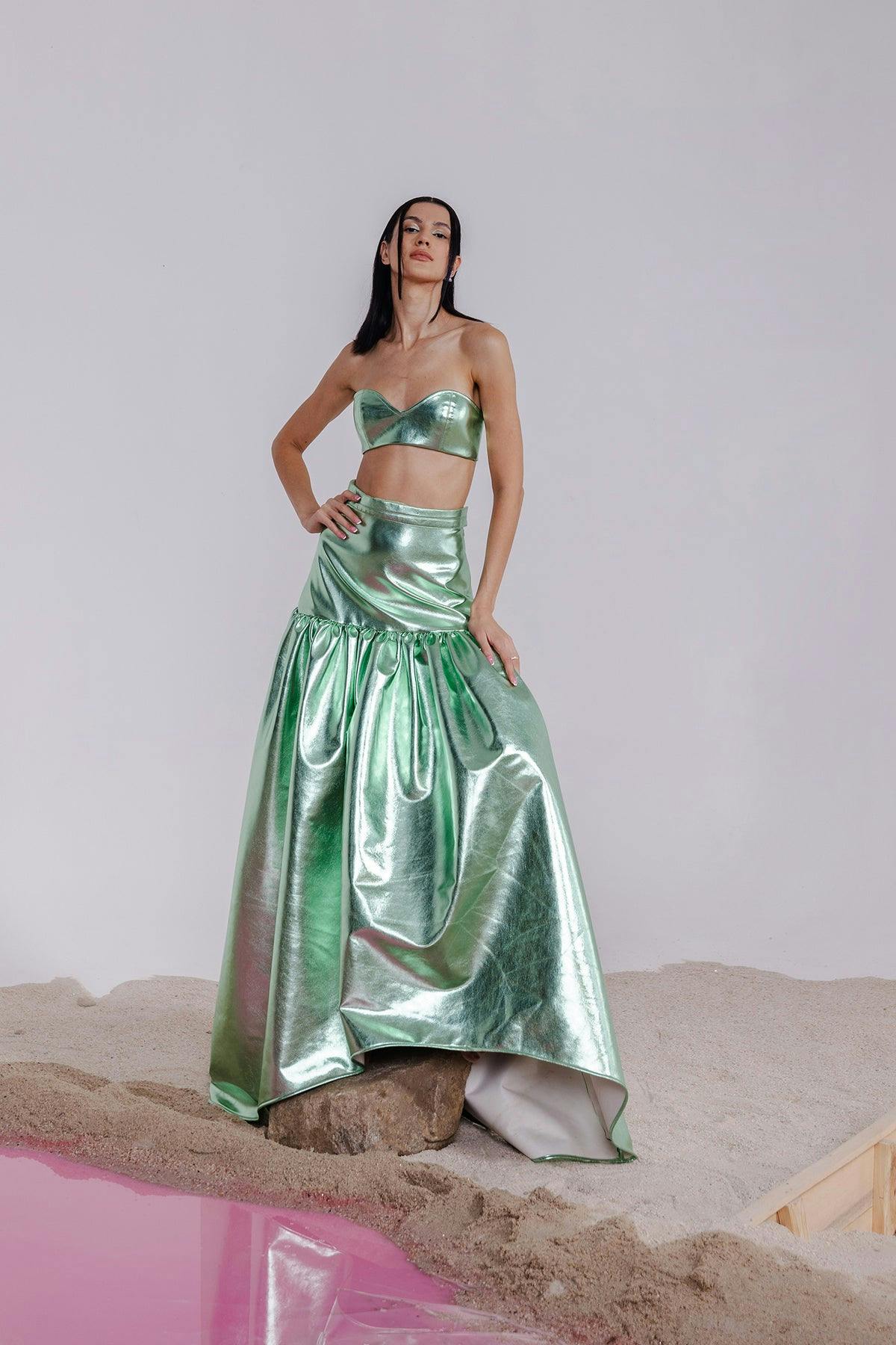 Thumbnail preview #2 for NAIA GREEN METALLIC BRALETTE & LONG SKIRT