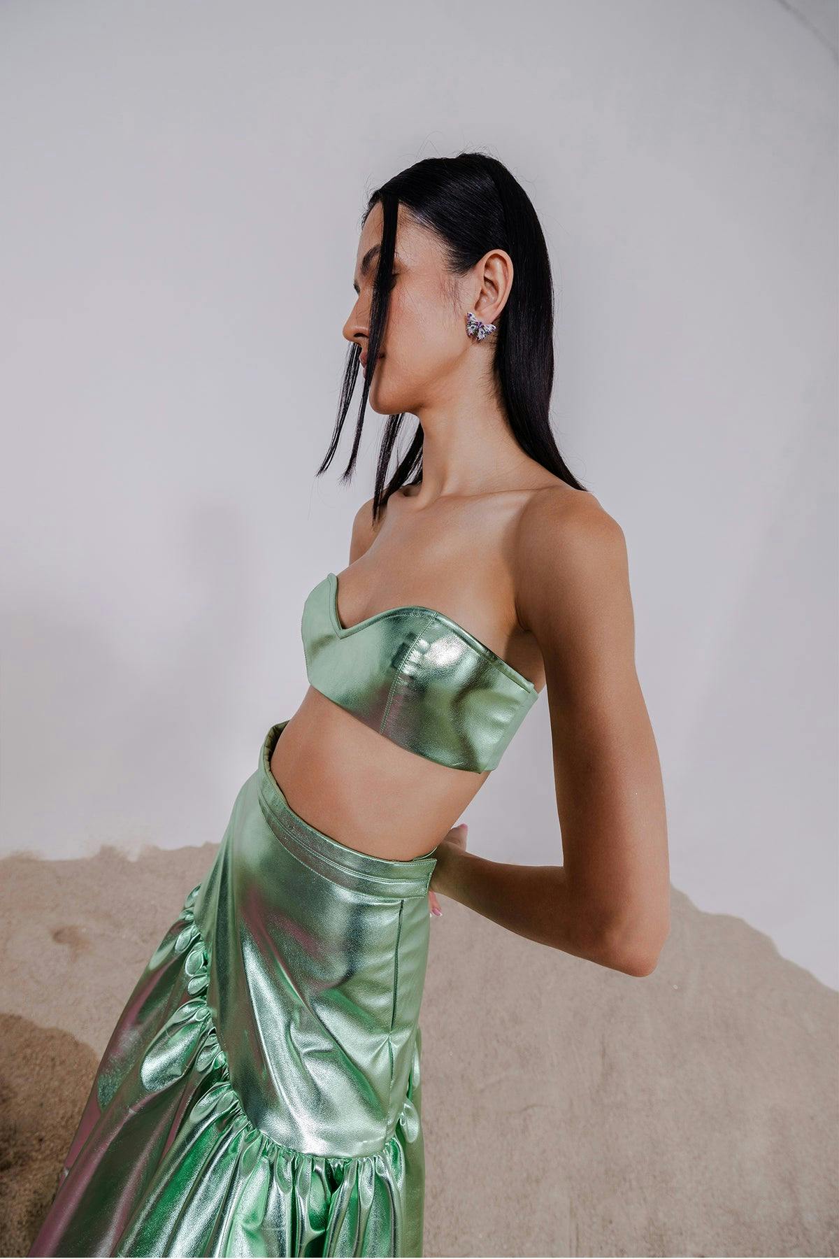 Thumbnail preview #12 for NAIA GREEN METALLIC BRALETTE & LONG SKIRT