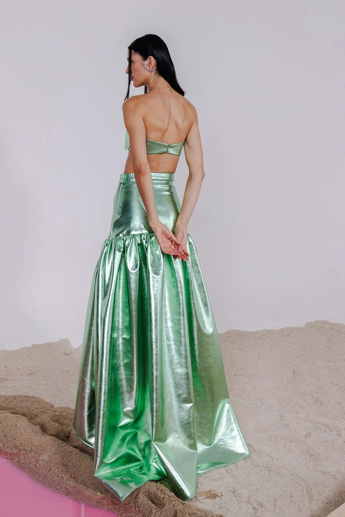 Thumbnail preview #1 for NAIA GREEN METALLIC BRALETTE & LONG SKIRT