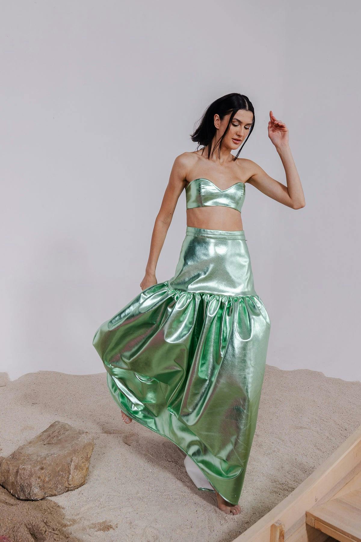 Thumbnail preview #8 for NAIA GREEN METALLIC BRALETTE & LONG SKIRT