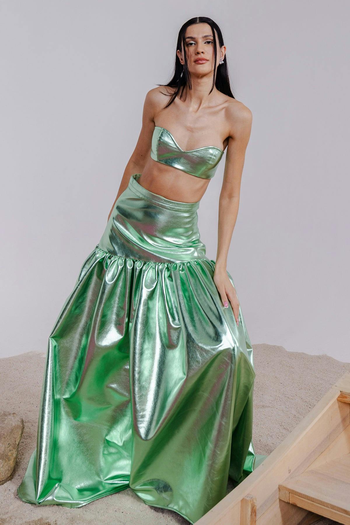 Thumbnail preview #9 for NAIA GREEN METALLIC BRALETTE & LONG SKIRT