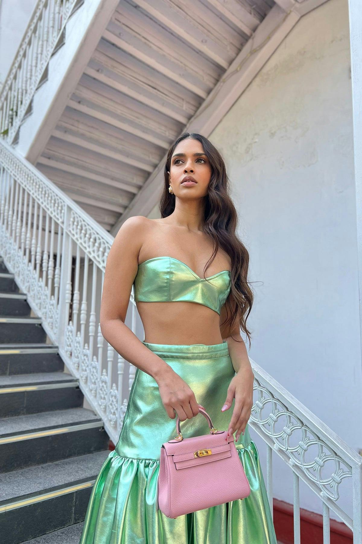 Thumbnail preview #7 for NAIA GREEN METALLIC BRALETTE & LONG SKIRT