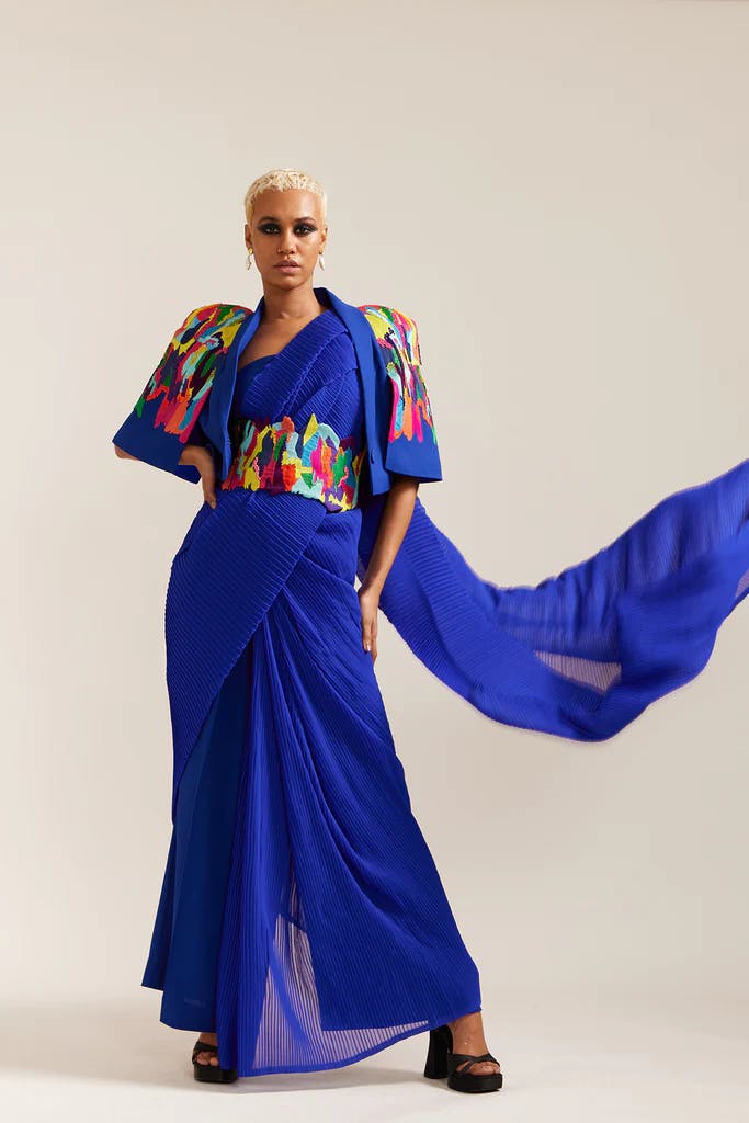 BLUE PAINT STAIN CAPE STYLE SAREE DRAPE CO-ORD, a product by Mini Sondhi