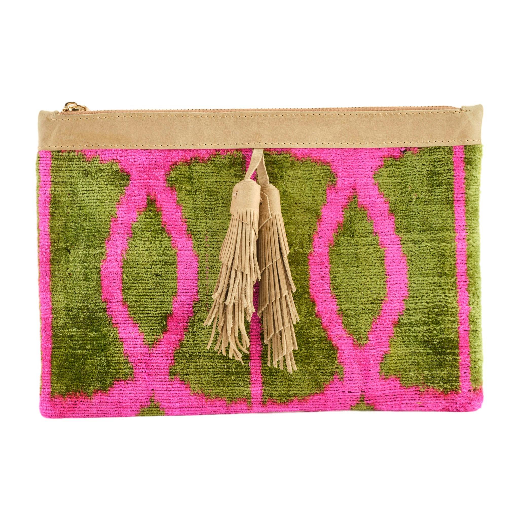 Thumbnail preview #1 for Green & Pink Flat Clutch With Tassel