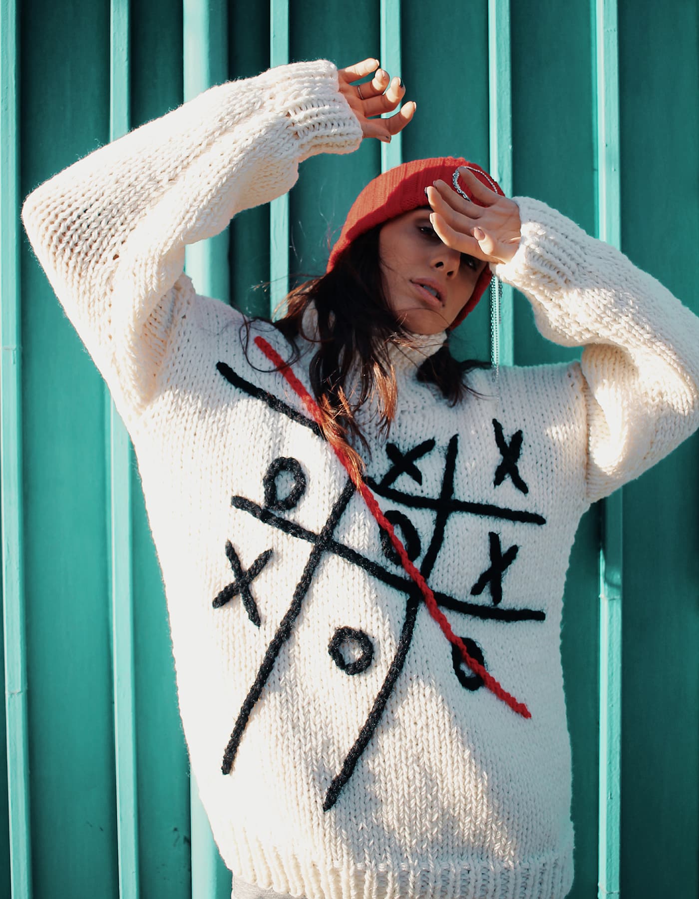 Thumbnail preview #1 for Hand-Knitted White Tic-Tac-Toe Sweater