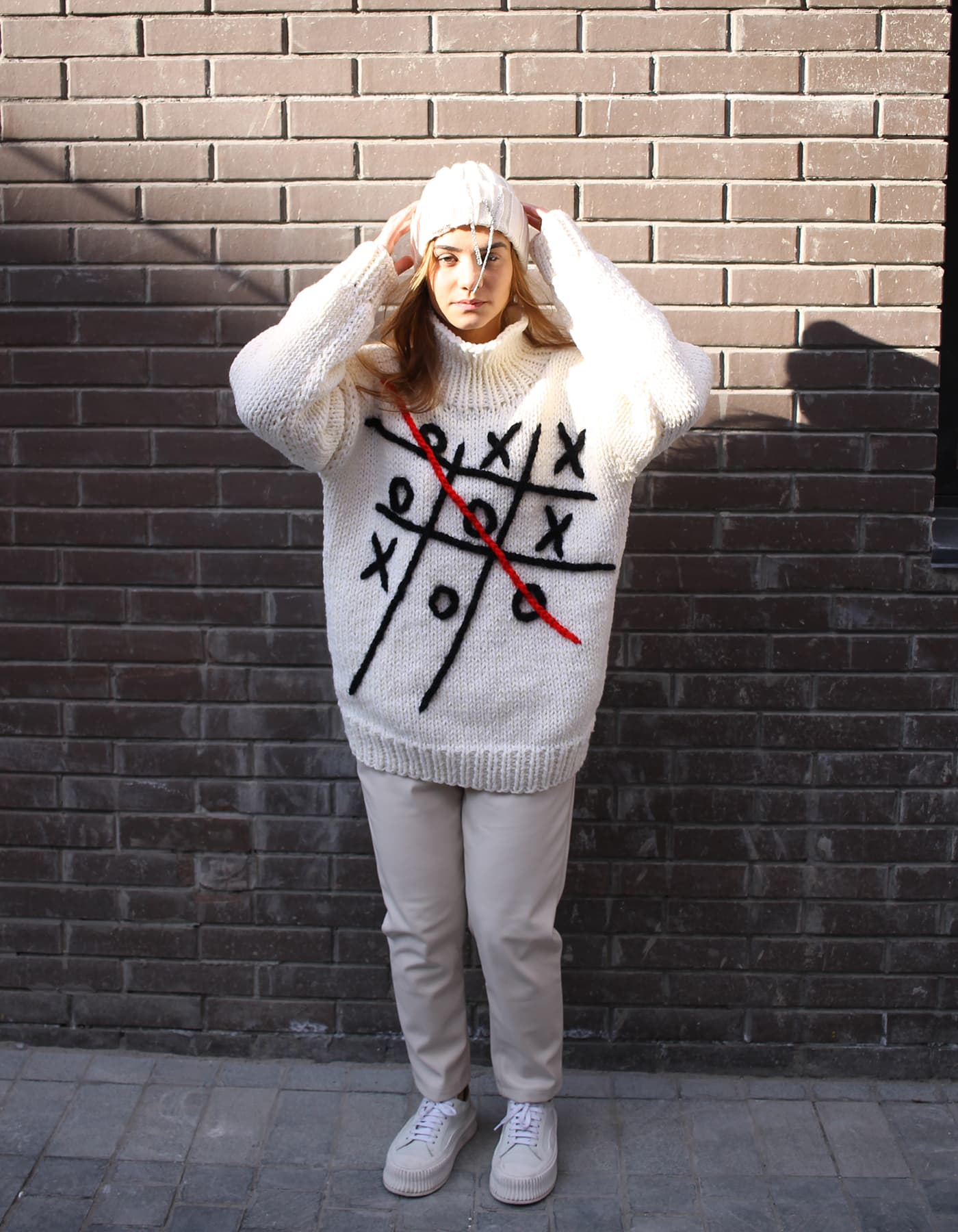 Thumbnail preview #4 for Hand-Knitted White Tic-Tac-Toe Sweater