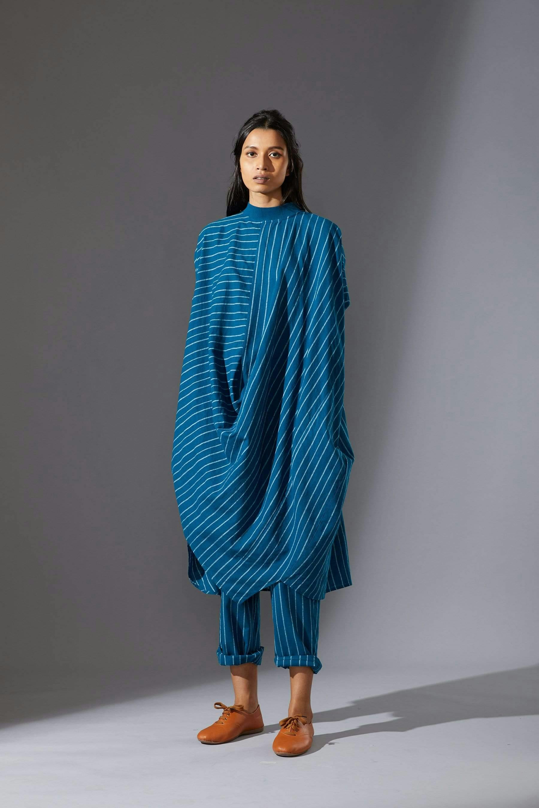 Mati Ribbed Collar Blue Cowl Tunic Set with Pants, a product by Style Mati