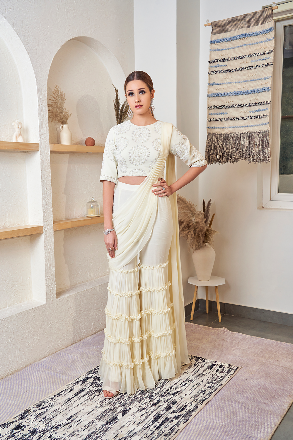 Off-White Frill Garara Saree, a product by JadebyAshima