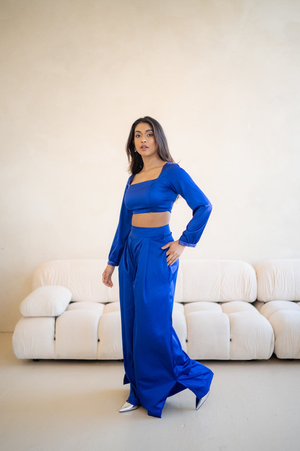 Thumbnail preview #2 for Aries Wide-Leg Trouser & Long-Sleeve Blouse Set - Royal Blue 