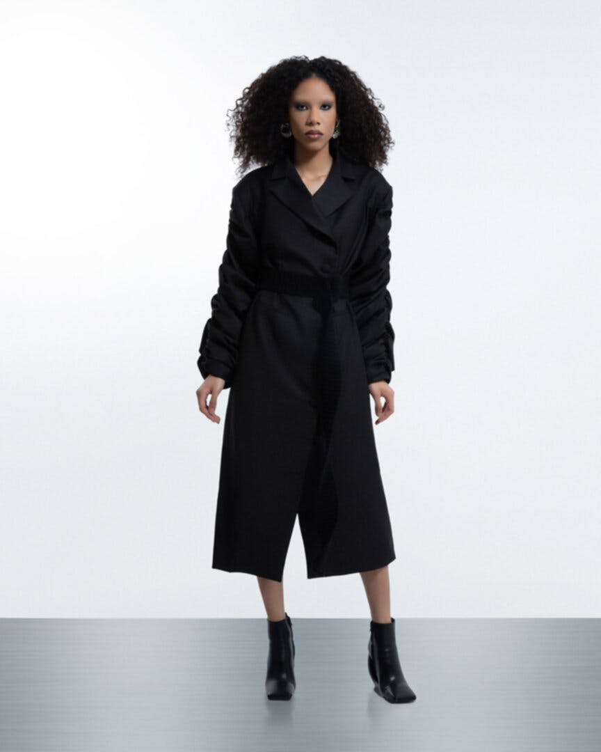 Thumbnail preview #0 for Crumple-sleeve black trench coat