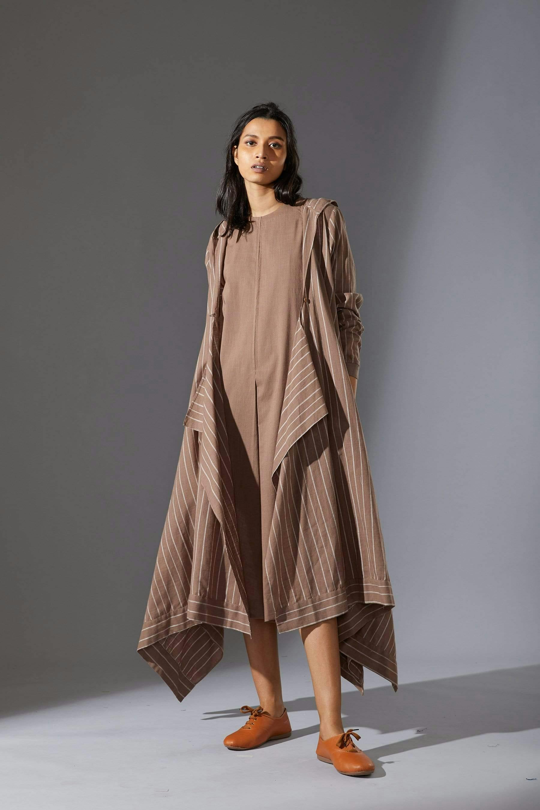 Mati Hooded Koza Beige Dress & Overlay Set, a product by Style Mati