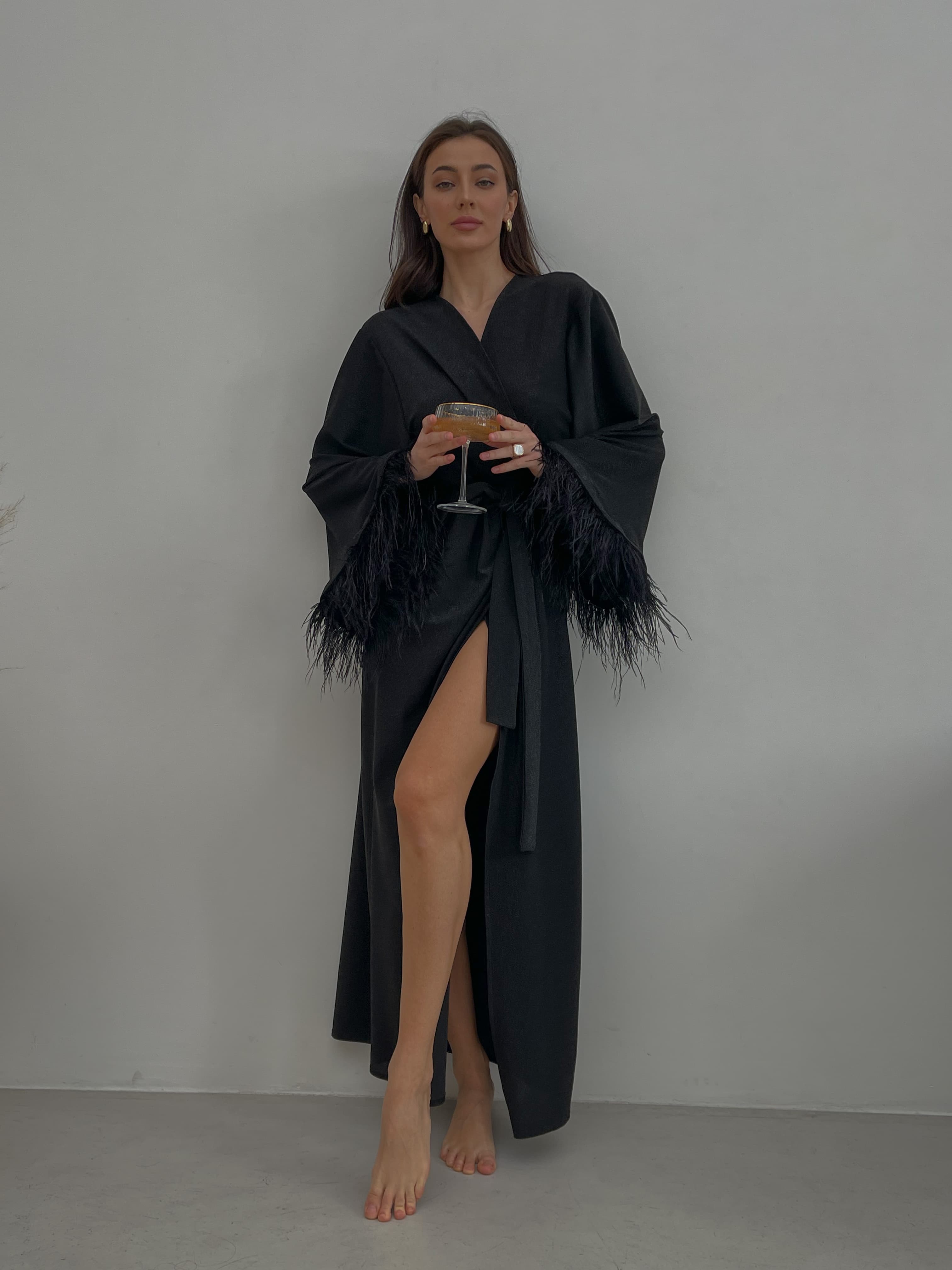 Thumbnail preview #1 for Shiny Long Black Robe With Feathers Sleeves