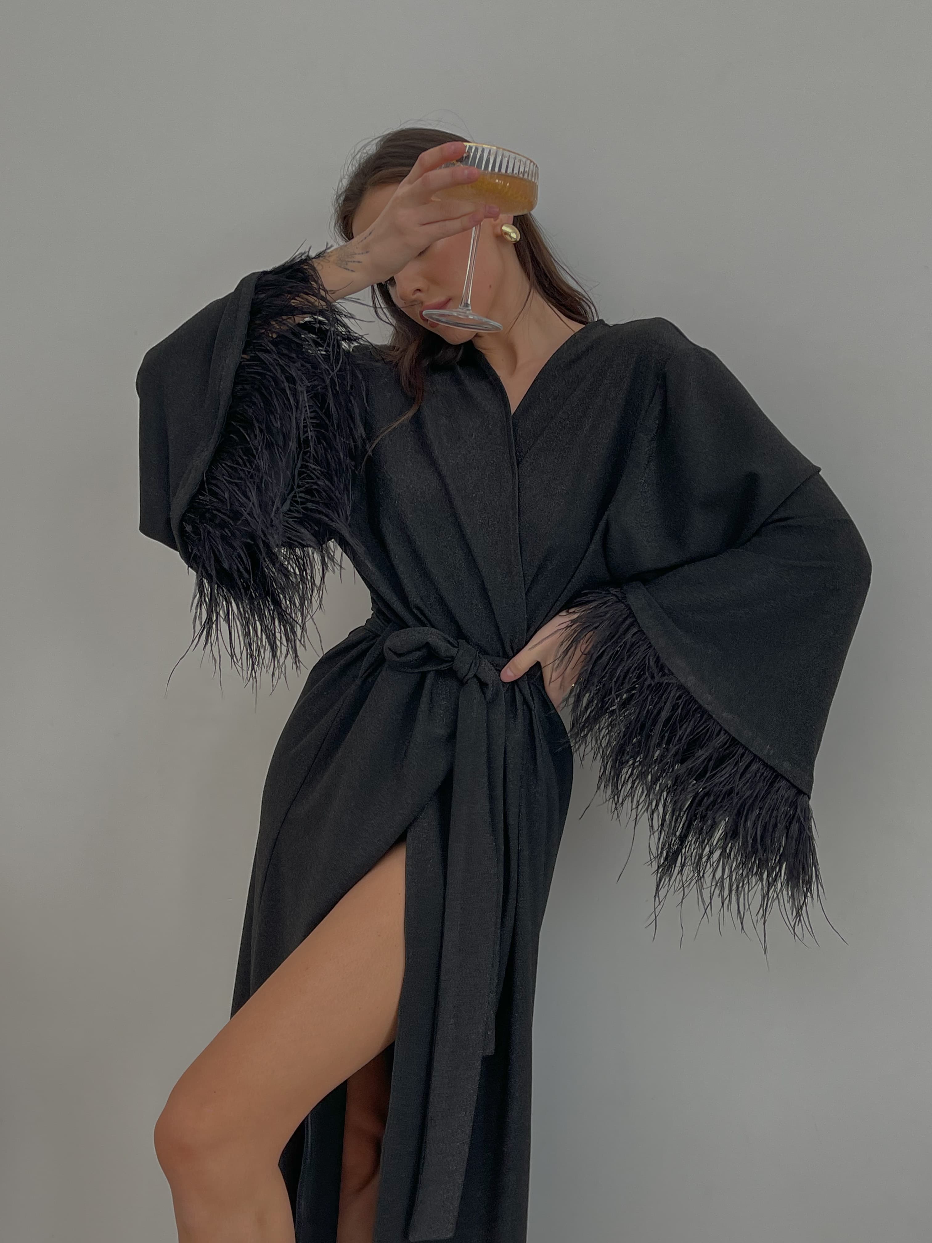 Shiny Long Black Robe With Feathers Sleeves, a product by Okiya Studio