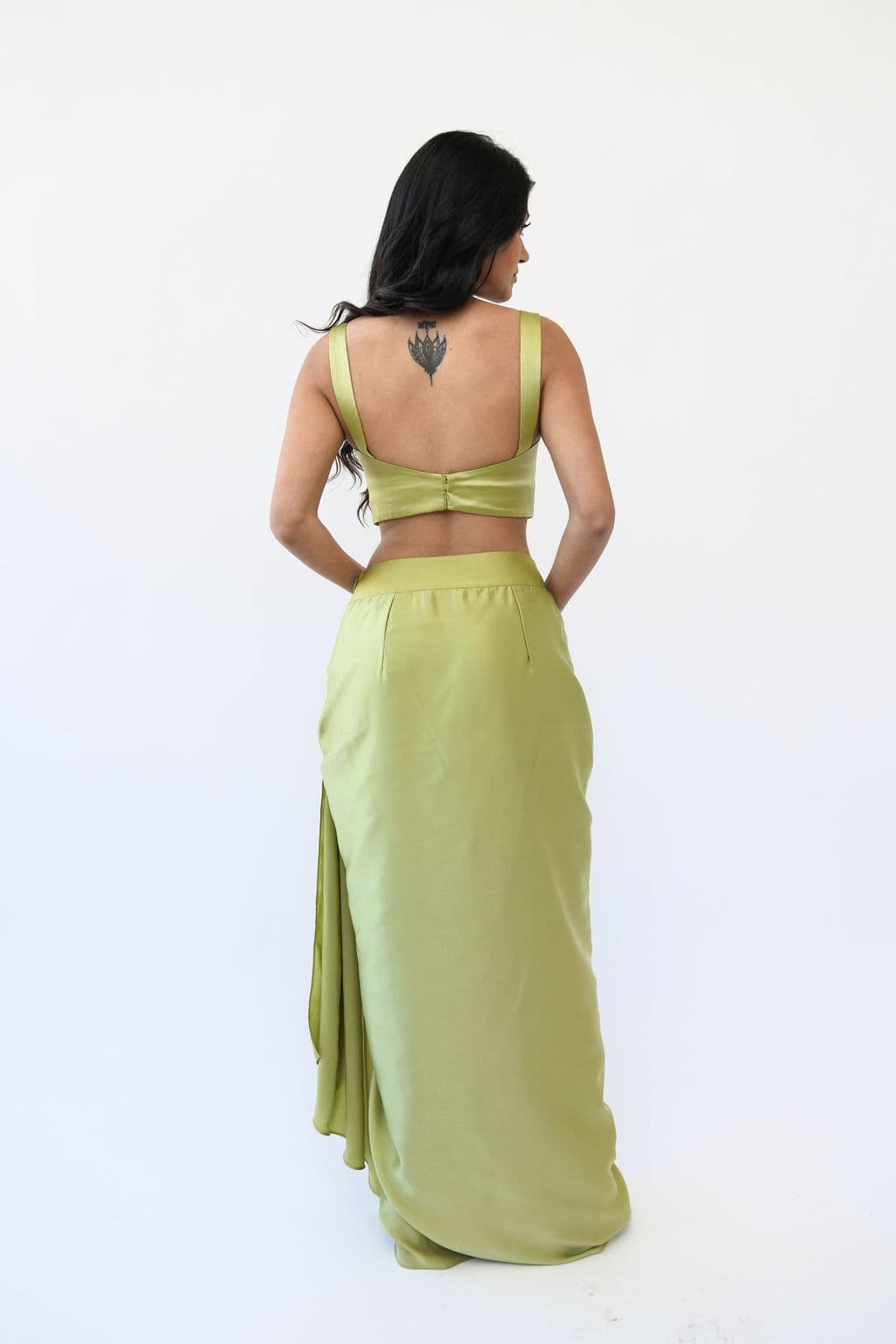 Thumbnail preview #5 for Pista Green Satin Drape Skirt & Blouse Set