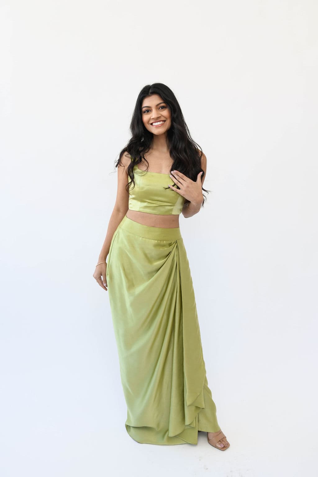 Thumbnail preview #0 for Pista Green Satin Drape Skirt & Blouse Set