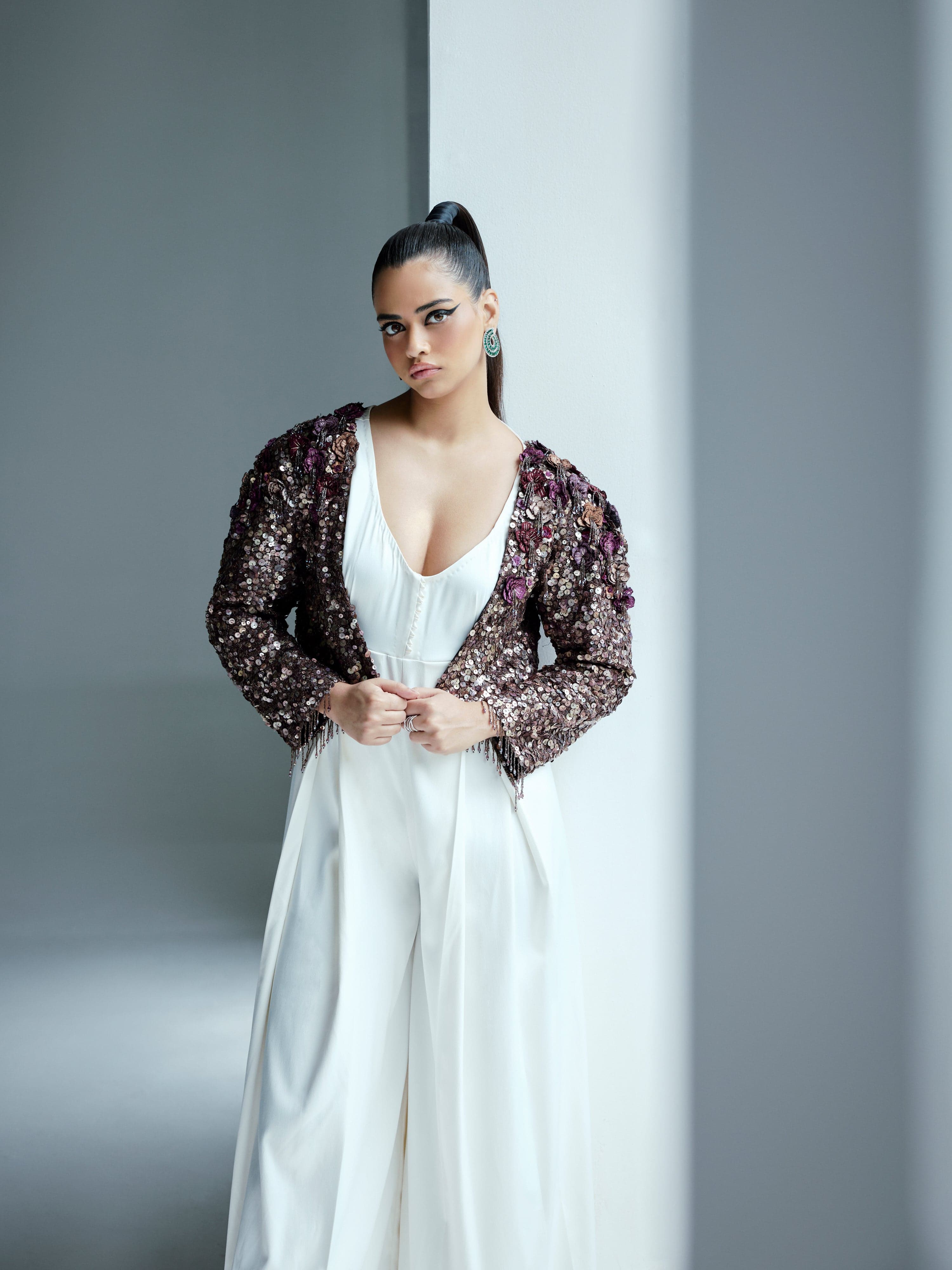 Antique Gold sequence Jacket with Ivory Jumpsuit, a product by Aashima Behl 
