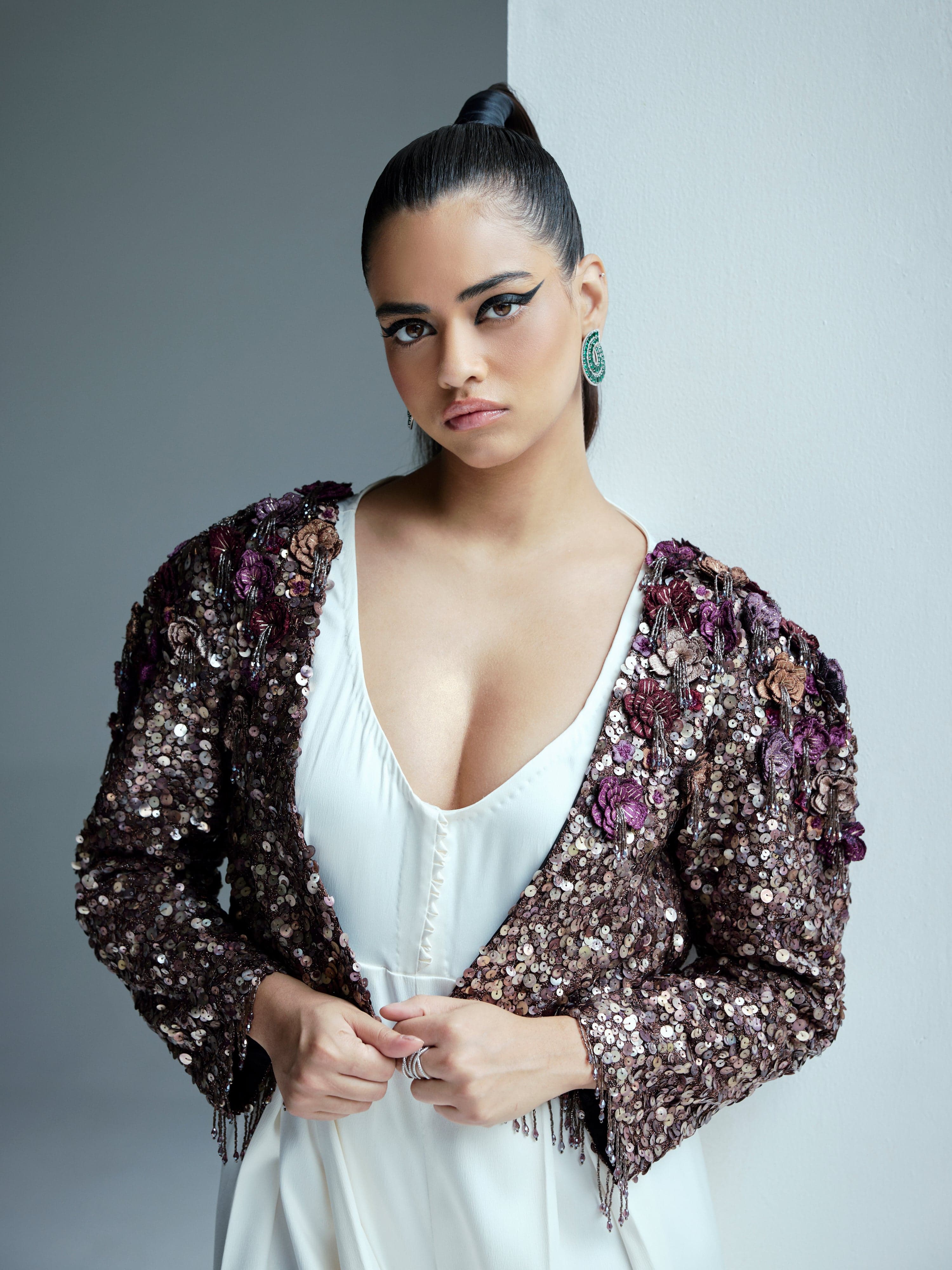 Thumbnail preview #1 for Antique Gold sequence Jacket with Ivory Jumpsuit