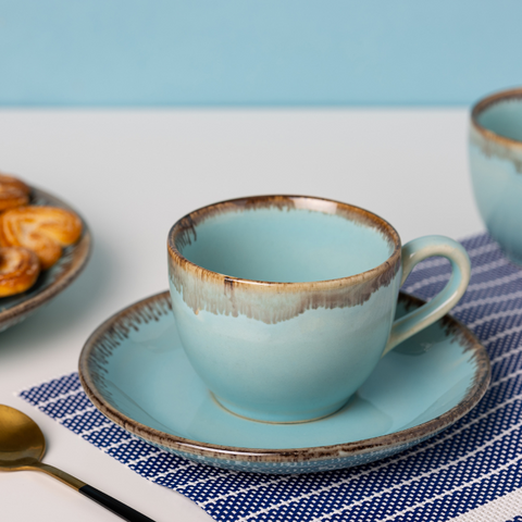 Thumbnail preview #4 for Light Blue Color Cup and Saucer with Brown Drops Border