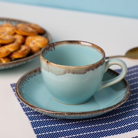 Thumbnail preview #5 for Light Blue Color Cup and Saucer with Brown Drops Border