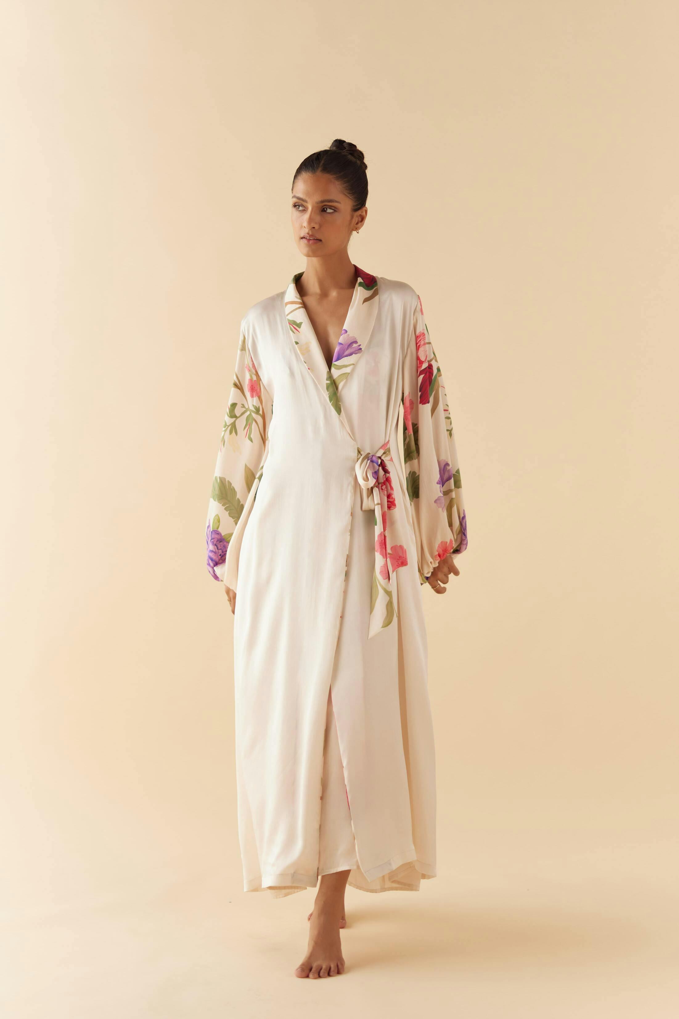 Thumbnail preview #1 for Ivory Floral Dream Silk Robe