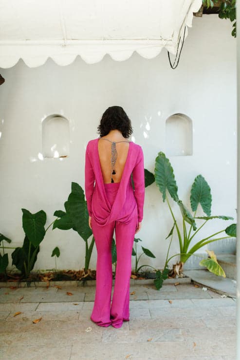 Thumbnail preview #5 for Magenta Plunge Back Top With Handcrafted Tie-Ups