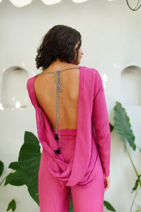 Magenta Plunge Back Top With Handcrafted Tie-Ups, a product by izsi
