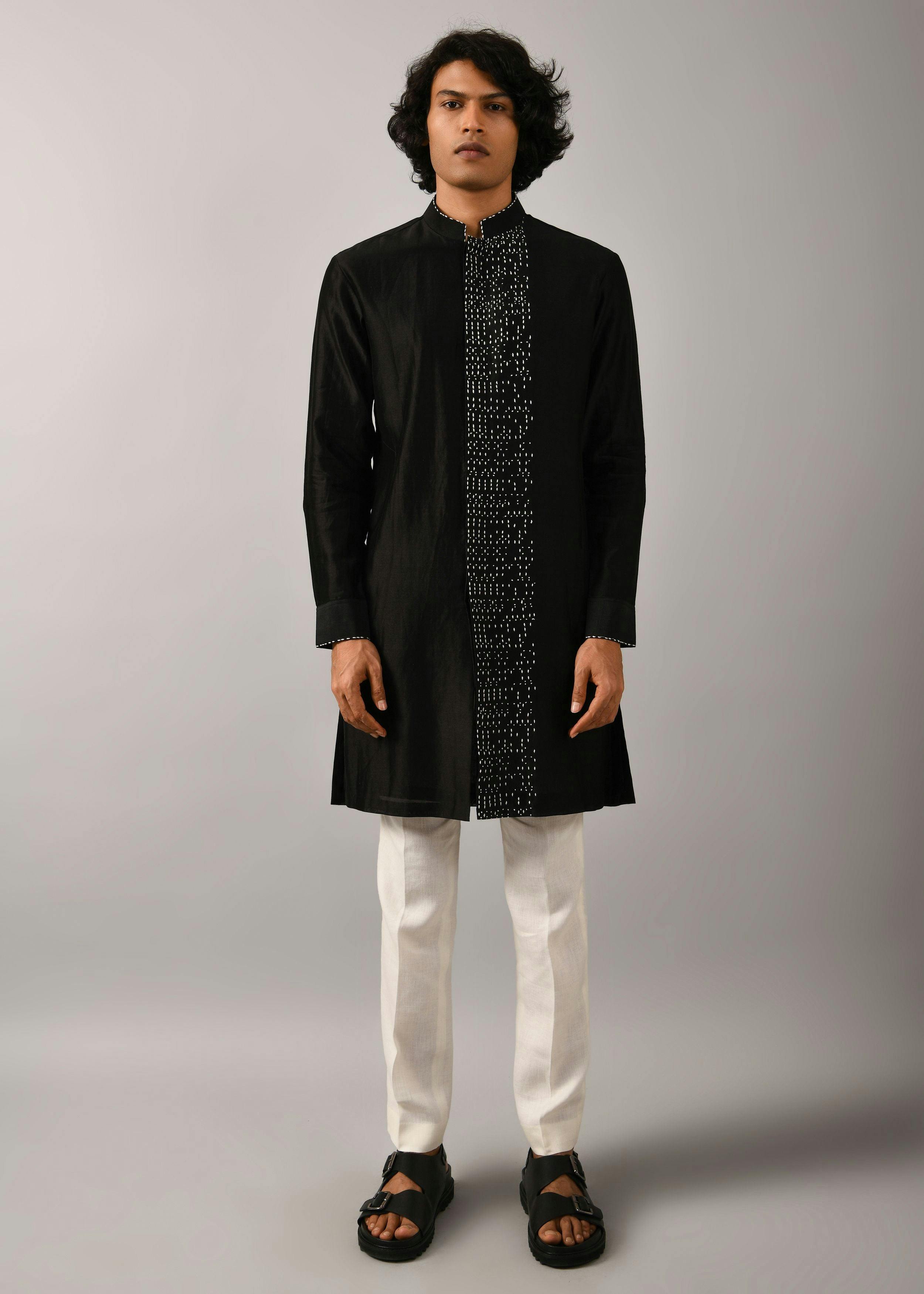 Thumbnail preview #1 for Black Morse Code Front Open Kurta