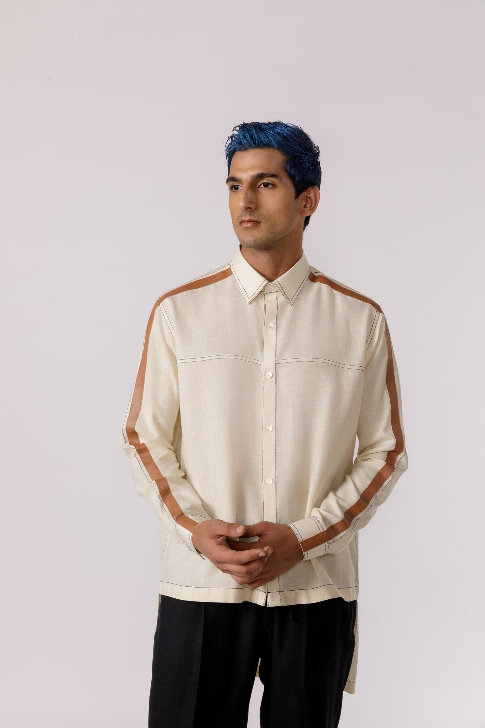 Leather accent high - low shirt, a product by Line Outline