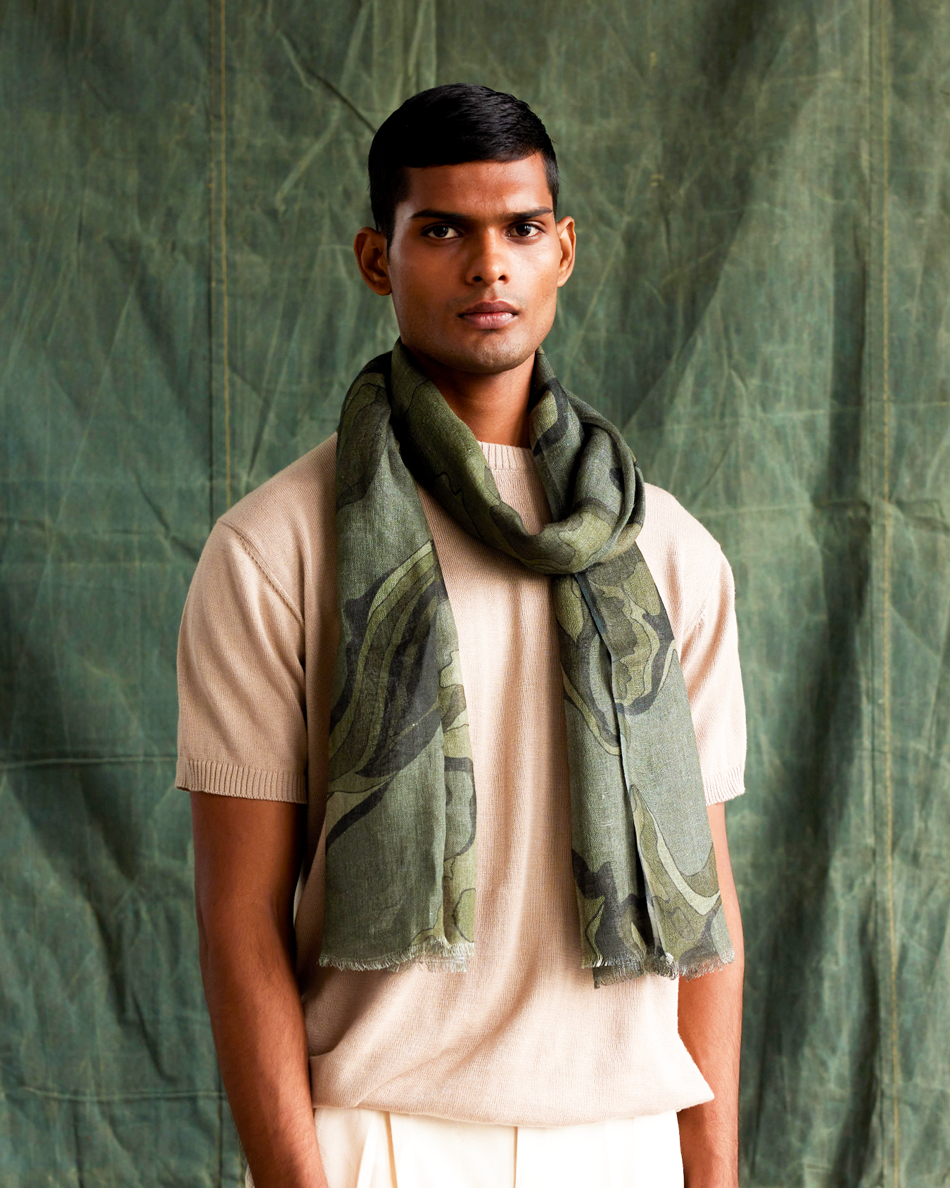 Thumbnail preview #0 for Military Green Molten Camo Print Linen Scarf