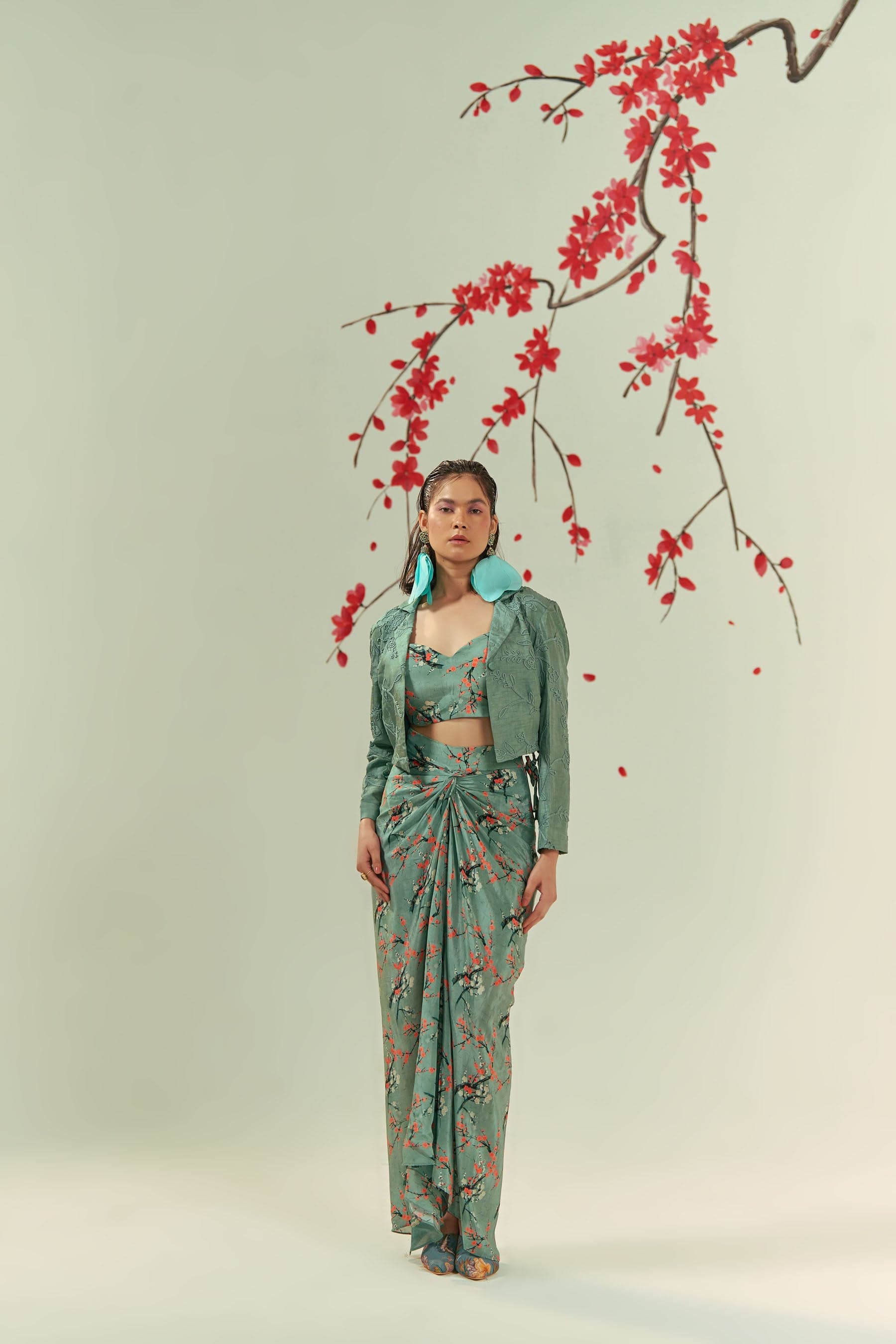 Kaze Embroidered Blazer With Printed Bustier And Skirt Co-ord Set, a product by COEUR by Ankita Khurana